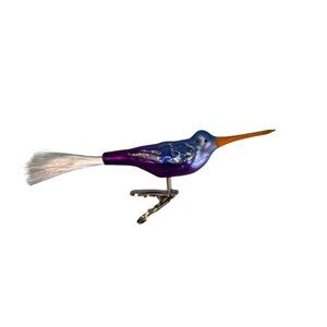 Blown Glass Hummingbird Clip Ornament Purple Blue Orange Spun Glass Tail 5.5 In